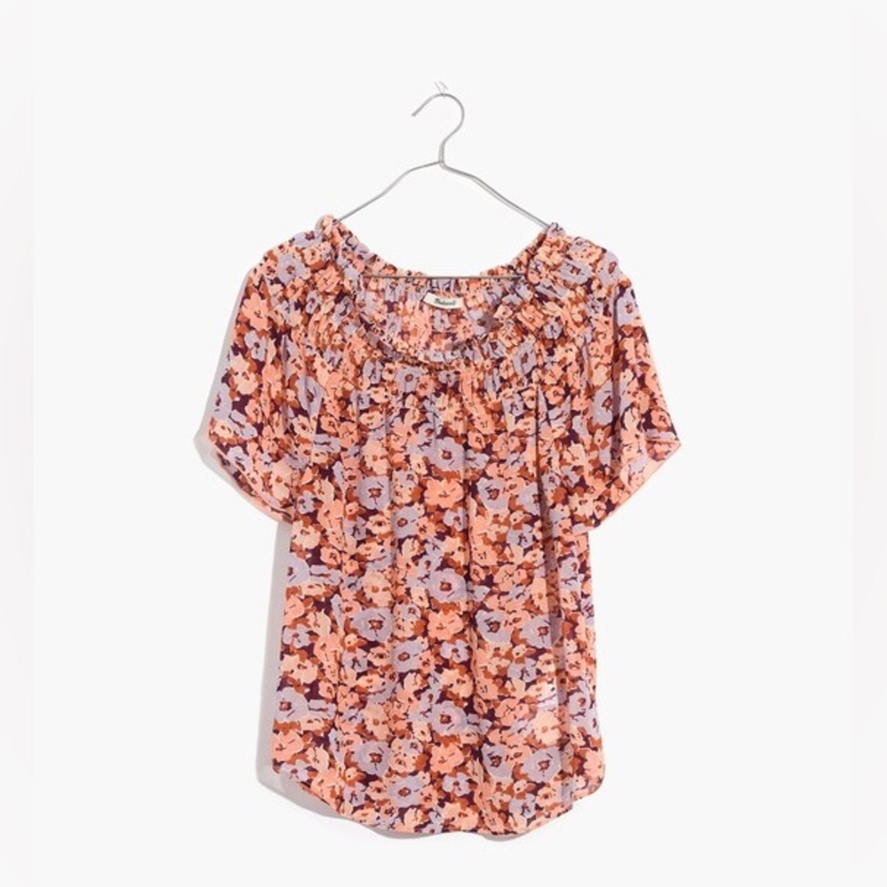 Madewell Smocked Mockneck Ruffle Georgette Top Blouse Tunic Floral Breeze LG EUC